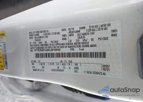 2019 Ford Ranger Lariat from USA, damaged, VIN 1FTER4FH4KLB16092